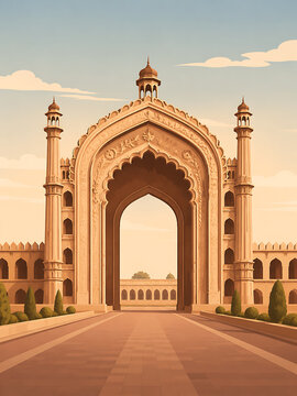 Rumi Darwaza Lucknow  minimalist modern vector style  elegant archway design  tourism artwork 