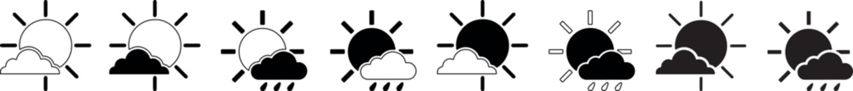 A row of weather icons depicting sunrise and a cloud with rain, presented in various styles including solid and outline designs.