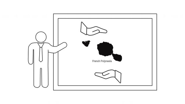 Man presenting French Polynesia map with hands on a whiteboard.