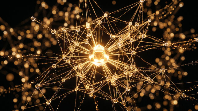 Golden Neural Network with Crystal Prism Core Floating in Abstract Deep Space Cinematic Technology Concept