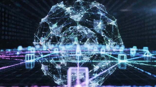 A glowing digital sphere floats above a complex data network grid