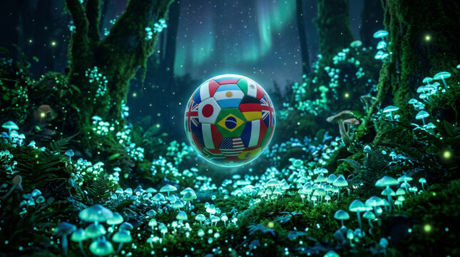 A vibrant soccer ball adorned with international flags floats in a mystical forest, illuminated by soft, glowing mushrooms.