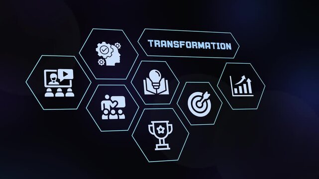 Business transformation concept with futuristic digital interface icons for corporate growth and strategic planning