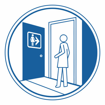 Woman entering a door with a sign indicating women's restroom cul de sac restroom entering entrance direction threshold admittance admission accessibility destination departure entranceway