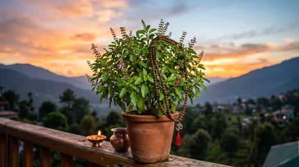 Sacred Tulsi Plant with Prayer Beads at Sunset for HAPPY NIRJALA EKADASHI Spiritual Calm © Mrinal