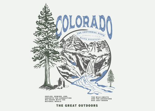 hand made pain tree. Hand Drawing Mountain illustration. Vintage Mountain Tee Shirt Design. Colorado typography with  mountain tee shirt design graphics. 