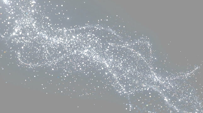 Sparkling silver particles drift on gray background