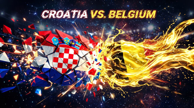 Dynamic clash of colors as Croatia faces Belgium in a vibrant sports-themed graphic showcasing intensity and excitement.