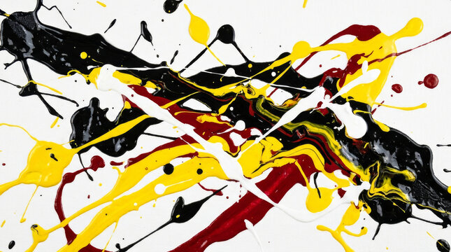 An abstract explosion of color featuring vibrant black, yellow, red, and white paint splashes on a canvas, creating a dynamic visual experience.