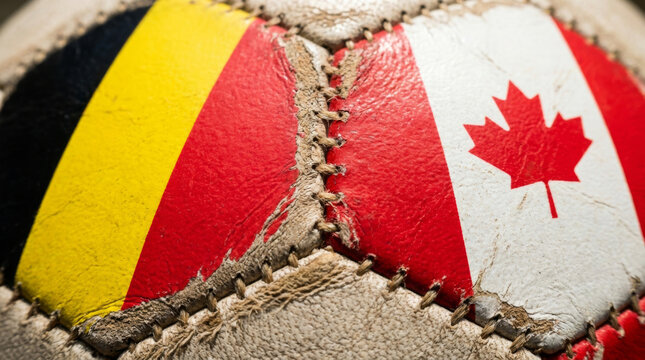 Close-up of a weathered soccer ball featuring the flags of Belgium and Canada, symbolizing sportsmanship between the two countries.