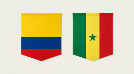 Fototapeta premium Colorful fabric flags of Colombia and Senegal displayed side by side, symbolizing cultural diversity.