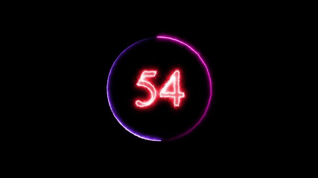 Glowing neon countdown numbers from 59 to 0 changing sequentially on a dark black background ideal for new year eve timers sports race starts and product launch events