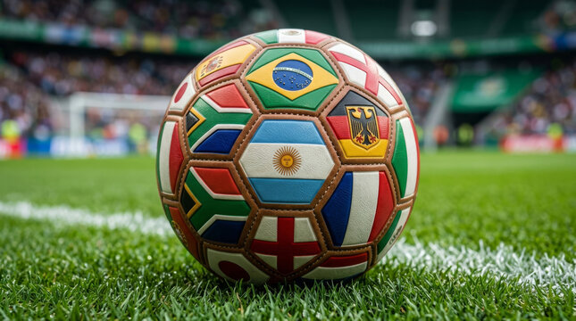 A colorful soccer ball adorned with flags from various countries rests on vibrant green grass, symbolizing international unity in sports.