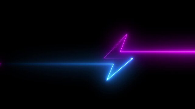 Neon Battery charging power symbol, lightning bolt sign on the black background. glowing Neon Battery charging power symbol, lightning bolt sign in the circle Neon glowing battery charging icon.4K
