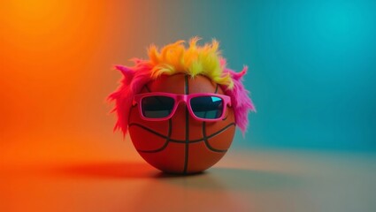 Naklejka premium Basketball with colorful wig and sunglasses on a vibrant background of orange and teal, showcasing a playful and fun design for sports-themed decor or events
