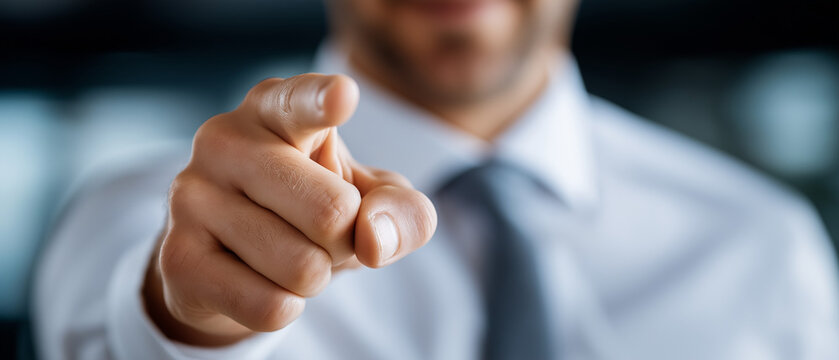 Point of Decision: A man in a suit points directly at the viewer, his expression conveying a sense of urgency and direct engagement, inviting action or commitment.