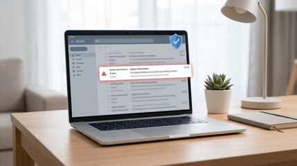 Fototapeta premium Laptop displaying cybersecurity alert and malware warning