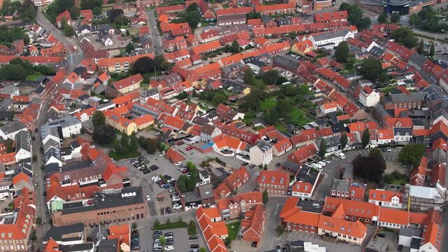 A panorama aerial view of the city Varde in Denmark on a cloudy noon in summer.