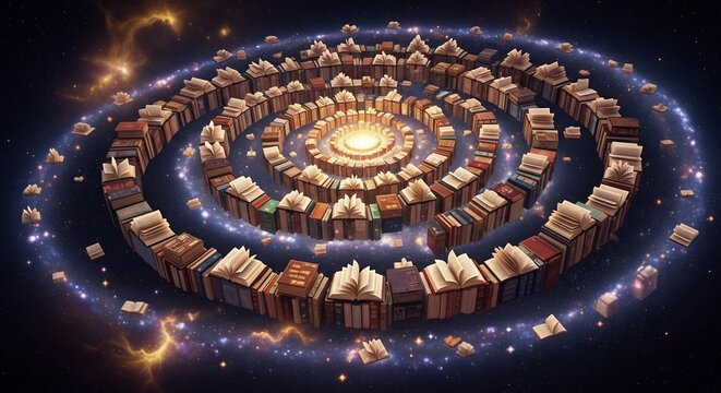 Cosmic Library of Knowledge: Books Form a Galactic Spiral Nebula.