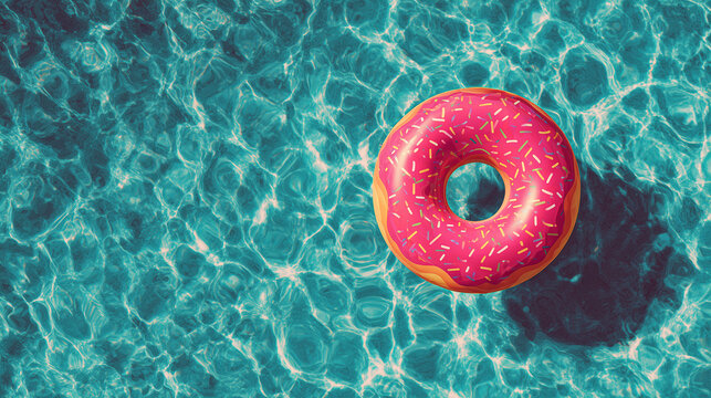 Pink donut shaped inflatable float drifting in crystal clear swimming pool water, top view summer leisure background with playful vacation atmosphere and copy space
