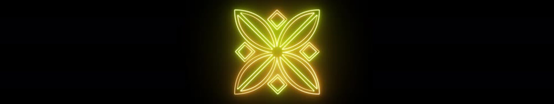 Golden Neon Mandala Flower Ultrawide Animation on Black Background, Glowing Geometric Floral Ornament, Luxury Decorative Pattern, Cinematic Motion Graphics Loop in 4K