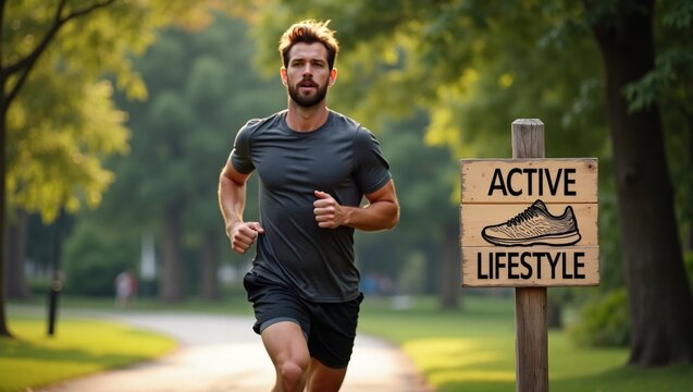 A man running in a sunlit park next to an Active Lifestyle wooden sign.