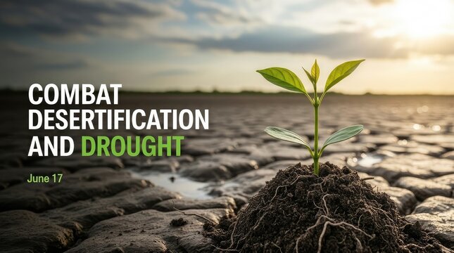 Combat desertification and drought illustration featuring a single green plant seedling growing through parched dry cracked earth ground