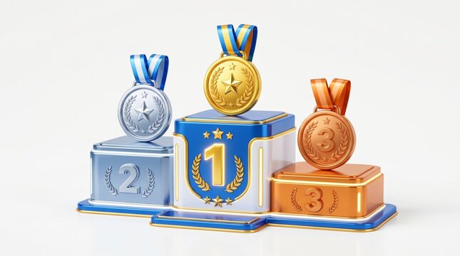 A 3D rendered winners podium featuring first, second, and third place pedestals labeled with 1, 2, and 3, each adorned with corresponding gold, silver, and bronze medals on a white background.