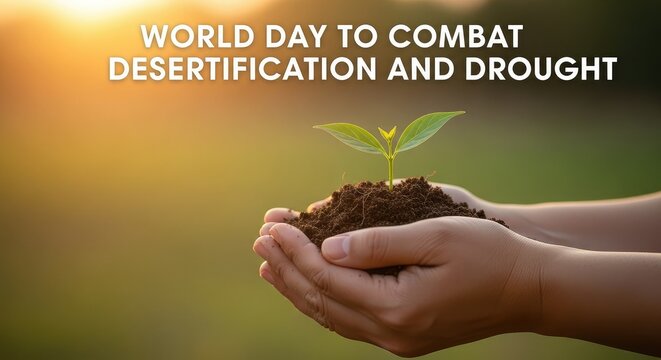 World day to combat desertification and drought horizontal banner with human hands protecting a green seedling plant in sunlight