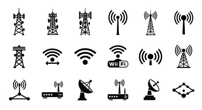 Telecommunication Tower And Wireless Signal Icons Silhouette