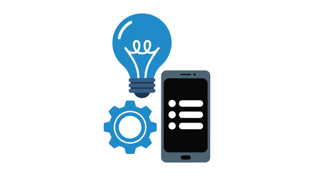 Blue lightbulb with gear and smartphone with chat bubbles symbolizing innovation and technology black
