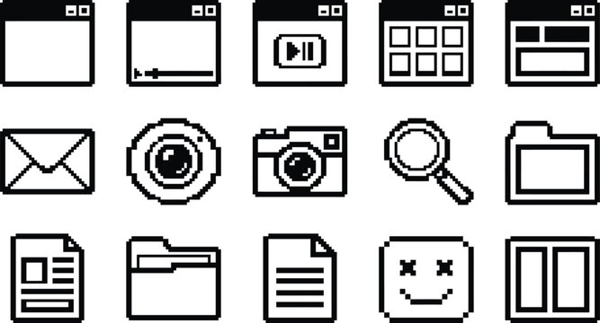 Pixel art computer windows and interface icons set for website development and software.