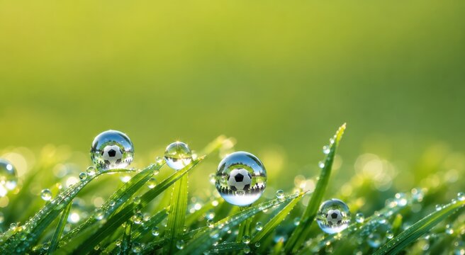 Dew Drops Reflecting Soccer Balls on Grass