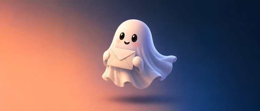 Cute ghost, envelope and letter for email marketing, communication and invitation at Halloween. Little phantom, mailing and postal service with message, notification and spooktacular greetings here