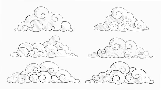 Eight stylized cloud shapes black and white sketch illustration on a light gray background