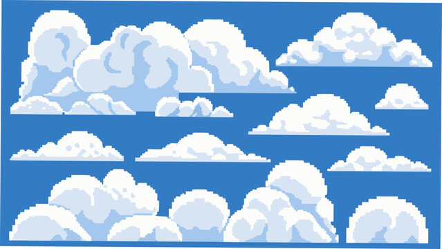 Collection of white pixelated clouds against a bright blue background vector illustration