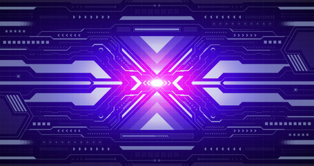 Abstract futuristic digital pattern with glowing purple and pink neon lights, creating a symmetrical and high-tech geometric design, resembling a circuit board or a sci-fi interface © photostockatinat