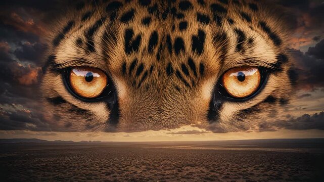 Close up of jaguar eyes emerging from clouds dramatic sunset background

