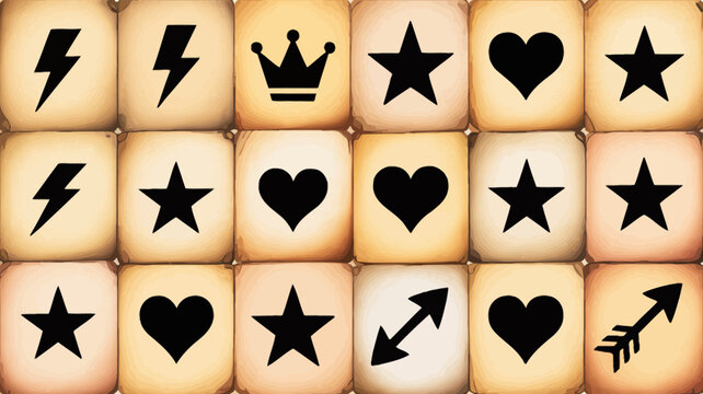 Set of flat design icons with lightning bolts, stars, hearts, crown, and arrows on a neutral grid background
