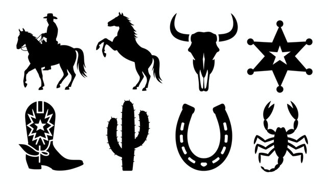 Black and white western style icons set featuring cowboy, horse, bull, sheriff badge, cowboy boot, cactus, horseshoe, and scorpion