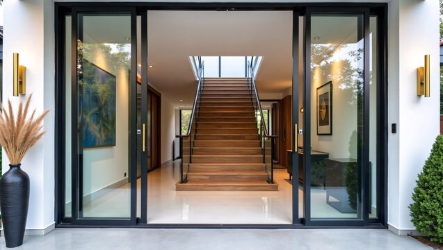 Modern home entrance with floor-to-ceiling black glass sliding doors leading to a central wooden staircase.