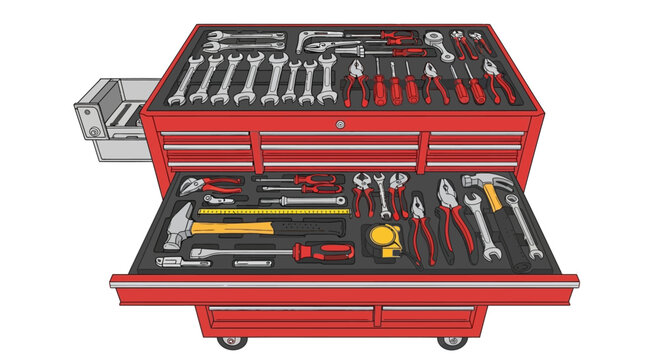 Red tool box with tools inside.