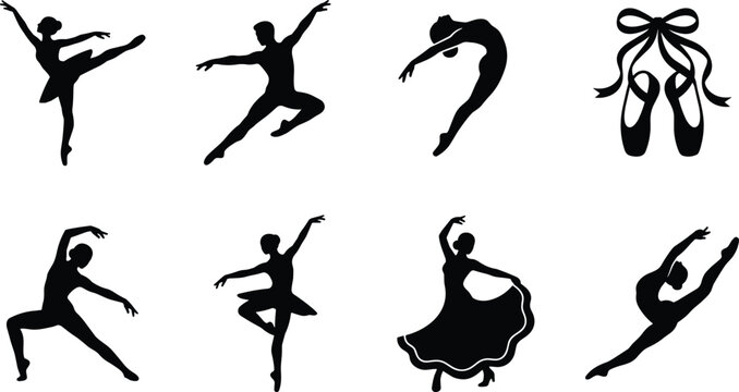 Black ballet silhouettes vector set featuring male and female dancers in elegant poses, jumps, and ballet shoes with ribbons