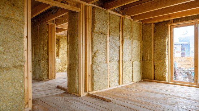 Mineral wool insulation batts installed in wood framed walls of house under construction