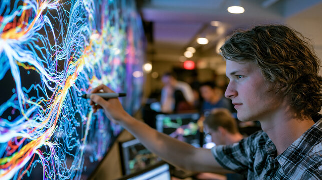 Neuroscientist traces glowing fiber tract projections on a wall-sized connectome atlas inside a dimly lit university basement lab, annotating white matter pathways with a stylus while graduate stude