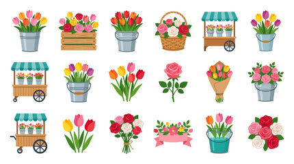Fototapeta premium Colorful Tulips and Flower Carts.