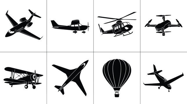 Vector silhouette collection of various aircraft and aviation icons including passenger jets, private planes, helicopters, drones, and hot air balloons.