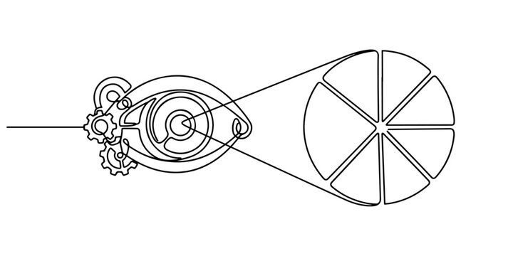 Robot eye scanning a pie chart symbolizing predictive analytics, data interpretation, and artificial intelligence insights, hand drawn vector outline illustration.