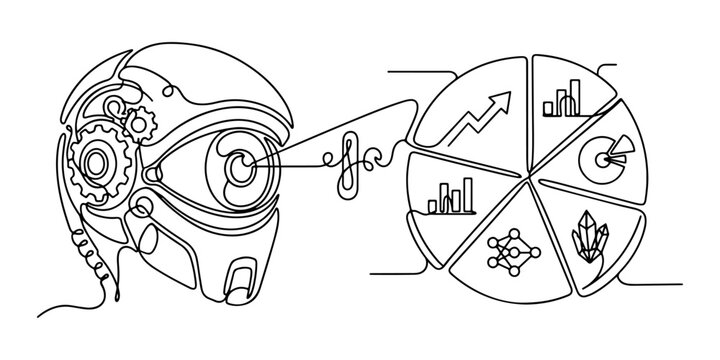 Robot eye scanning a pie chart symbolizing predictive analytics, data interpretation, and artificial intelligence insights, hand drawn vector outline illustration.