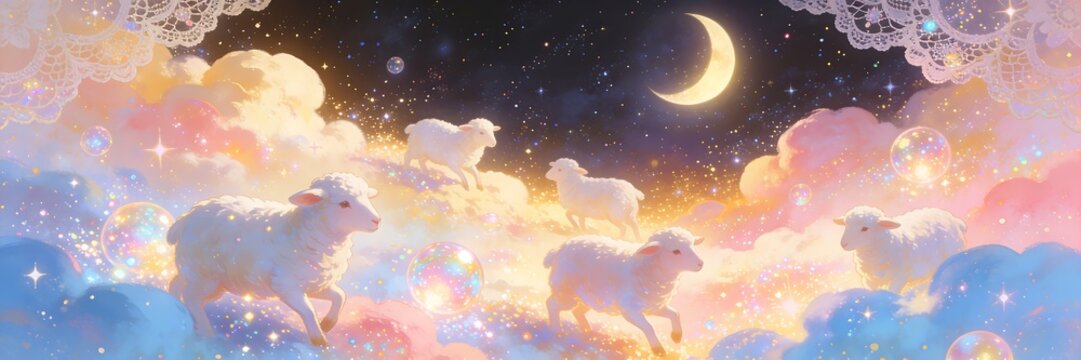 A flock of fluffy sheep roams amidst the twinkling stars, evoking a feeling of longing.